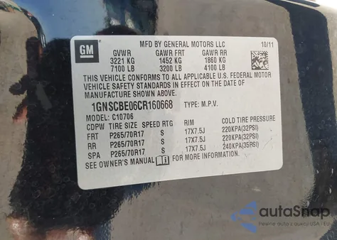 2012 Chevrolet Tahoe Lt z USA, uszkodzony, nr VIN 1GNSCBE06CR160668